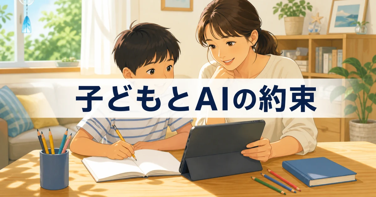 子どもとAIの宿題ルールを話し合う親子。夏休みのリビングで学習する様子